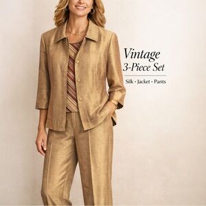 Dragon Collection Vintage 3-Piece Gold Tan Silk Set Jacket Top Shell Pants Sz 42